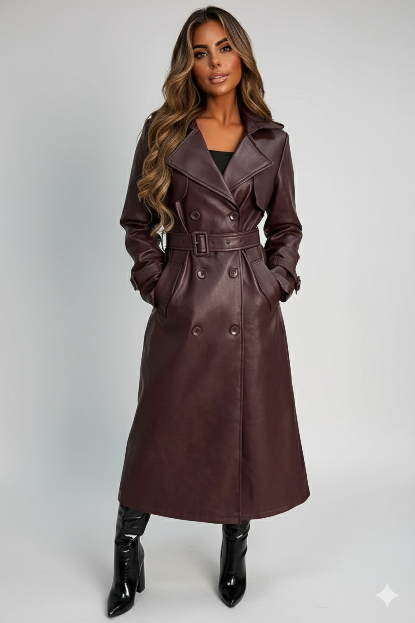 Women's rich chocolate brown leather trench coat featuring double-breasted buttons and a matching waist belt.